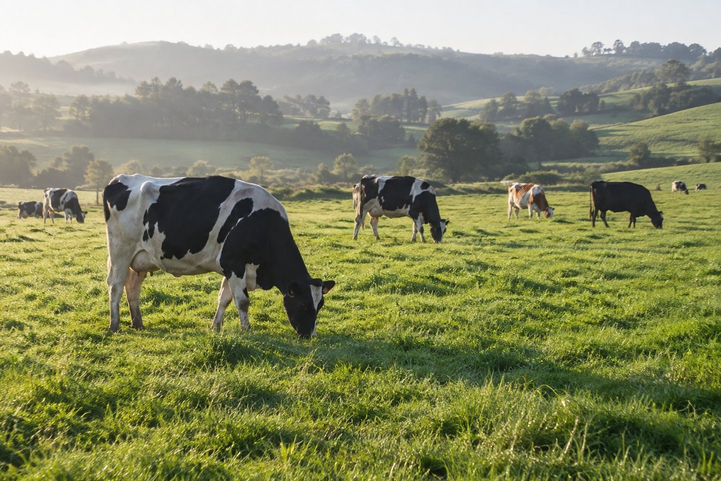 Cows grazing in a green pasture.