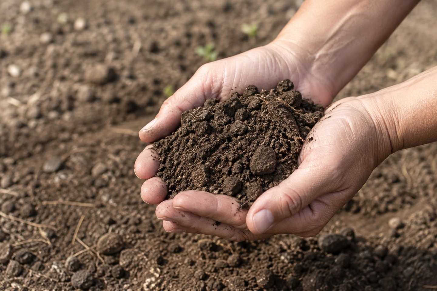 Hands holding a scoop of dark soil.
