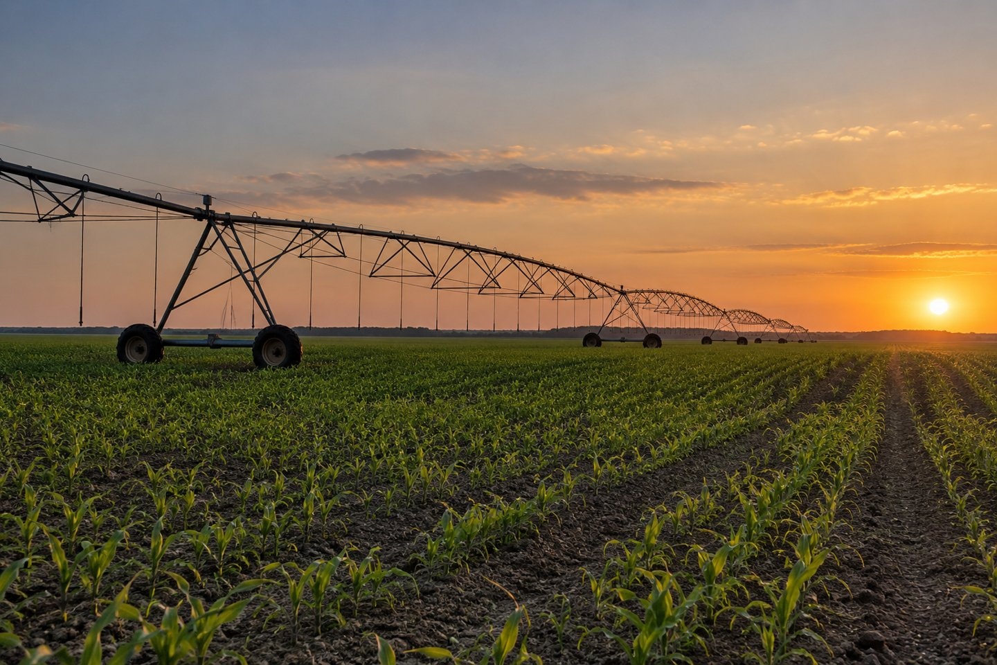 Irrigation equipment above a field at sunset.
