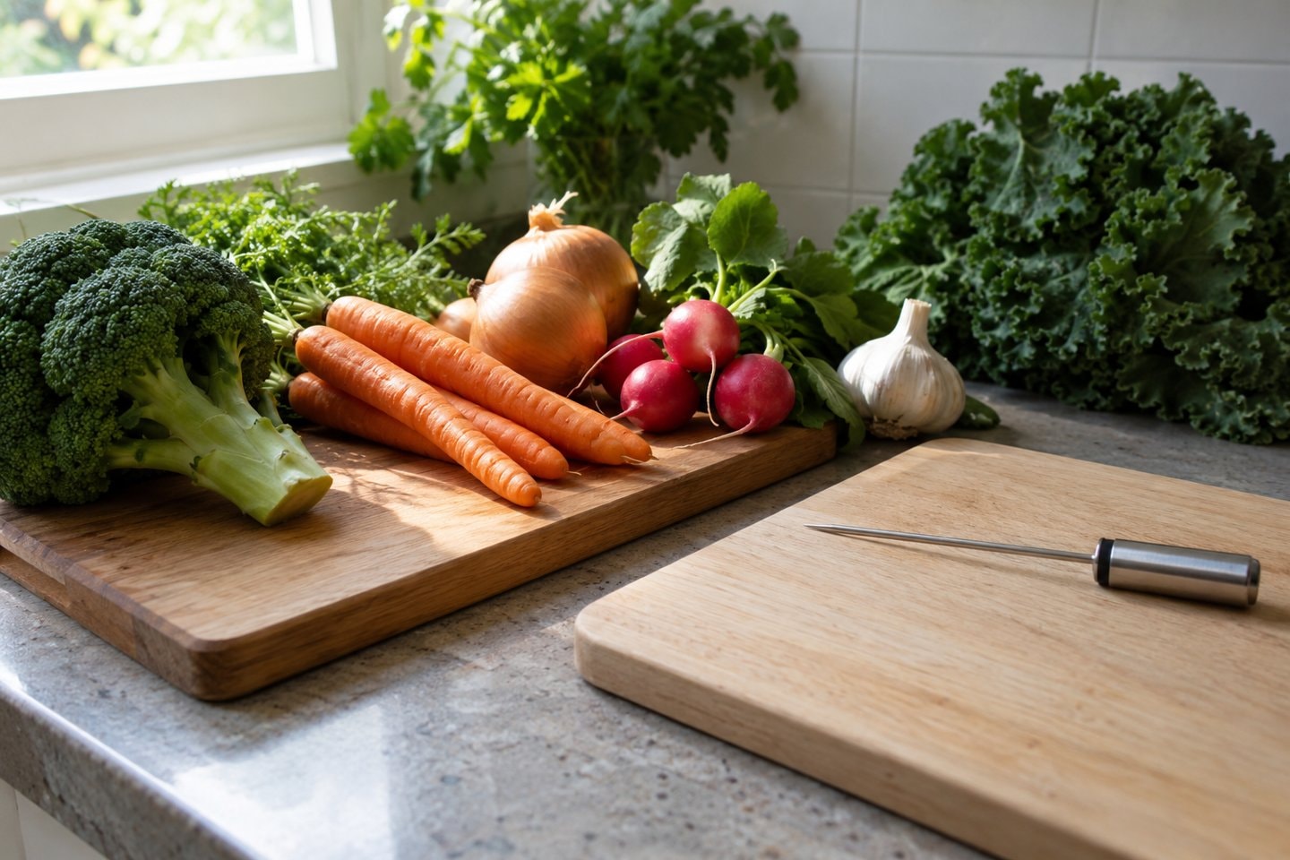 Two cutting boards with vegetables and a food thermometer on a kitchen counter.