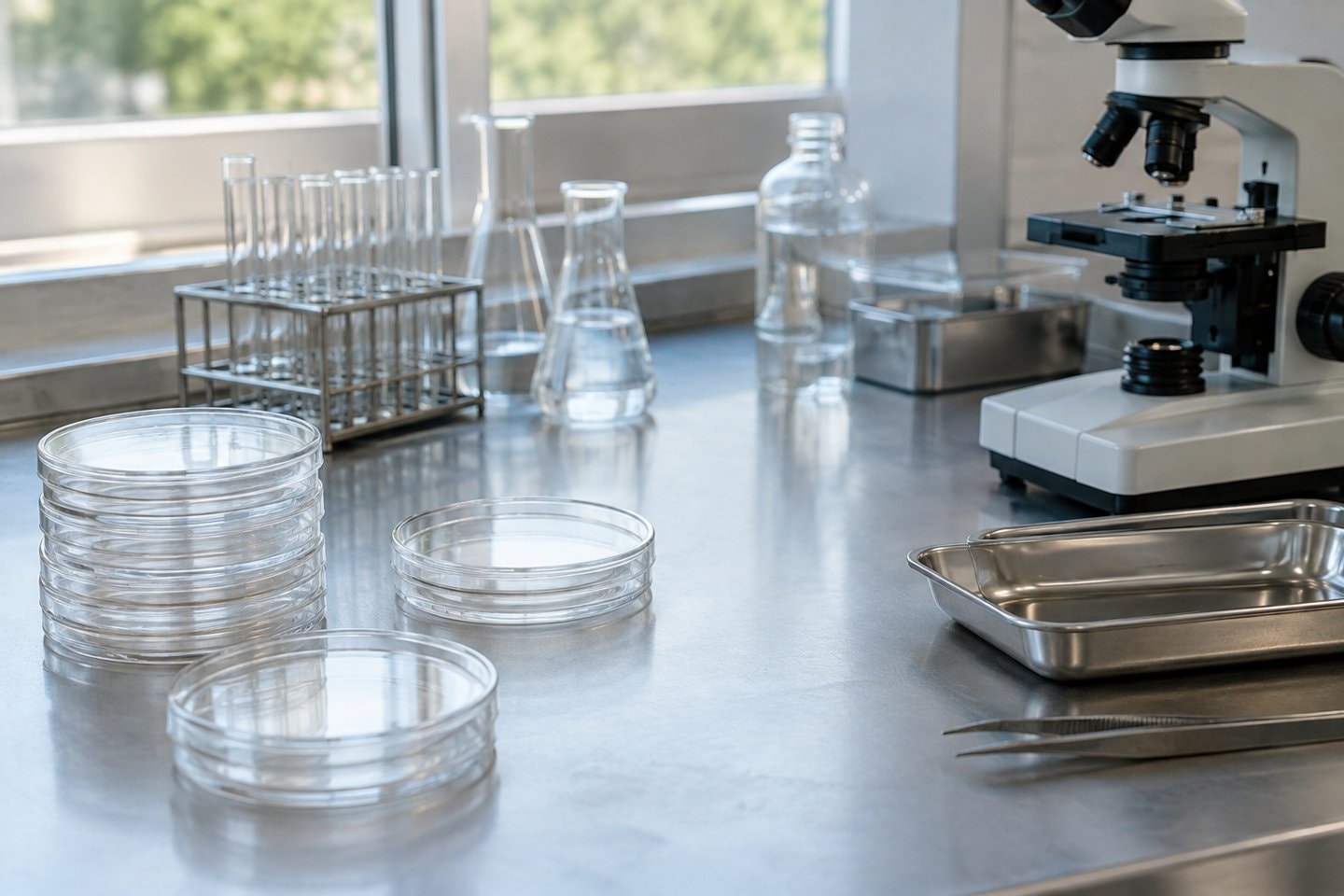 Petri dishes and a microscope on a laboratory bench.