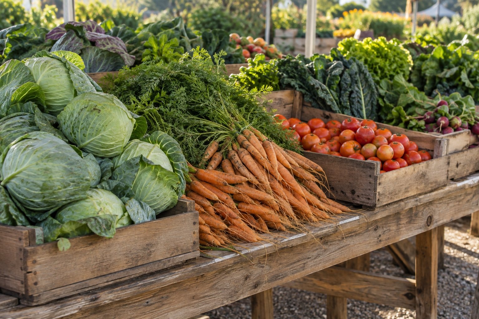 Vegetables arranged across a wooden market table.