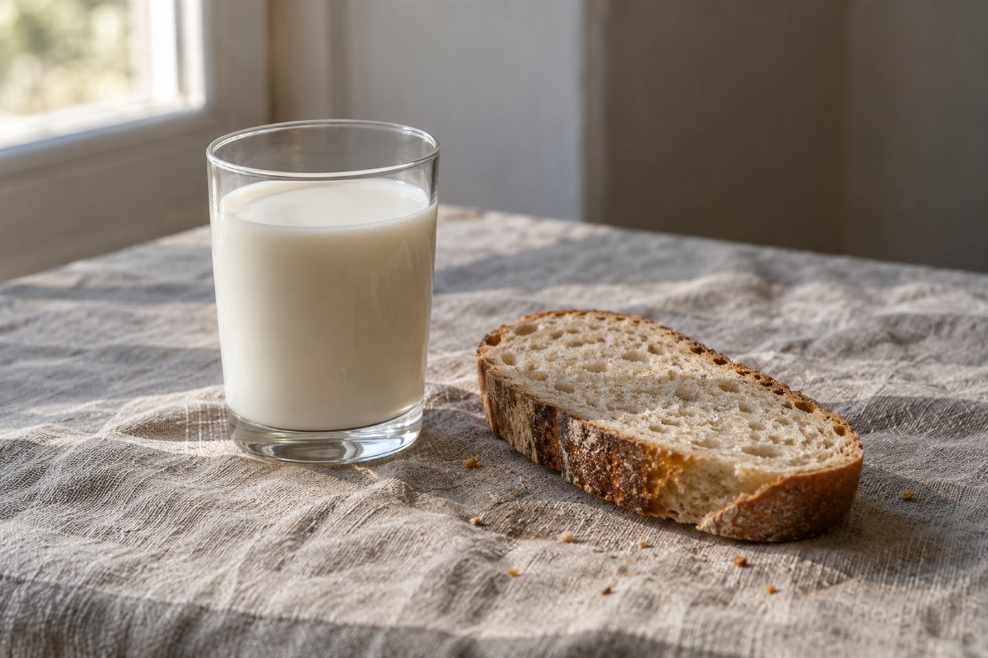 A glass of milk and a slice of bread on linen.