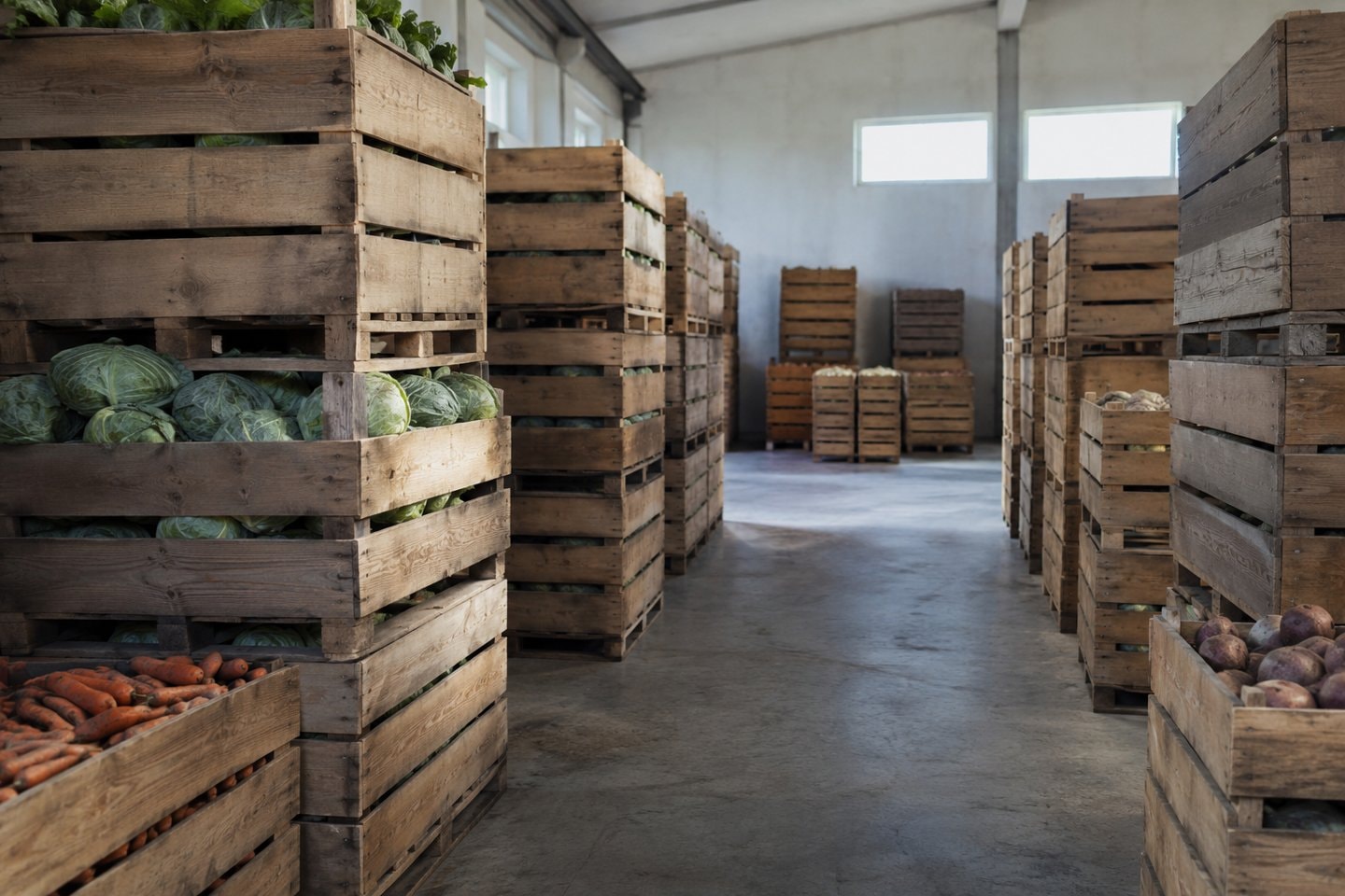 An aisle of produce crates in a cold-storage room.
