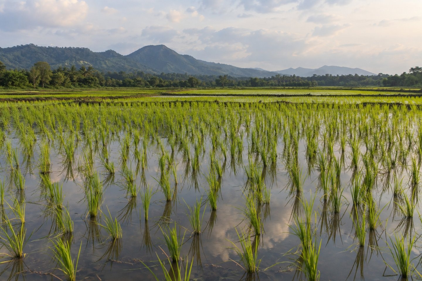 Flooded rice paddies with green plants.