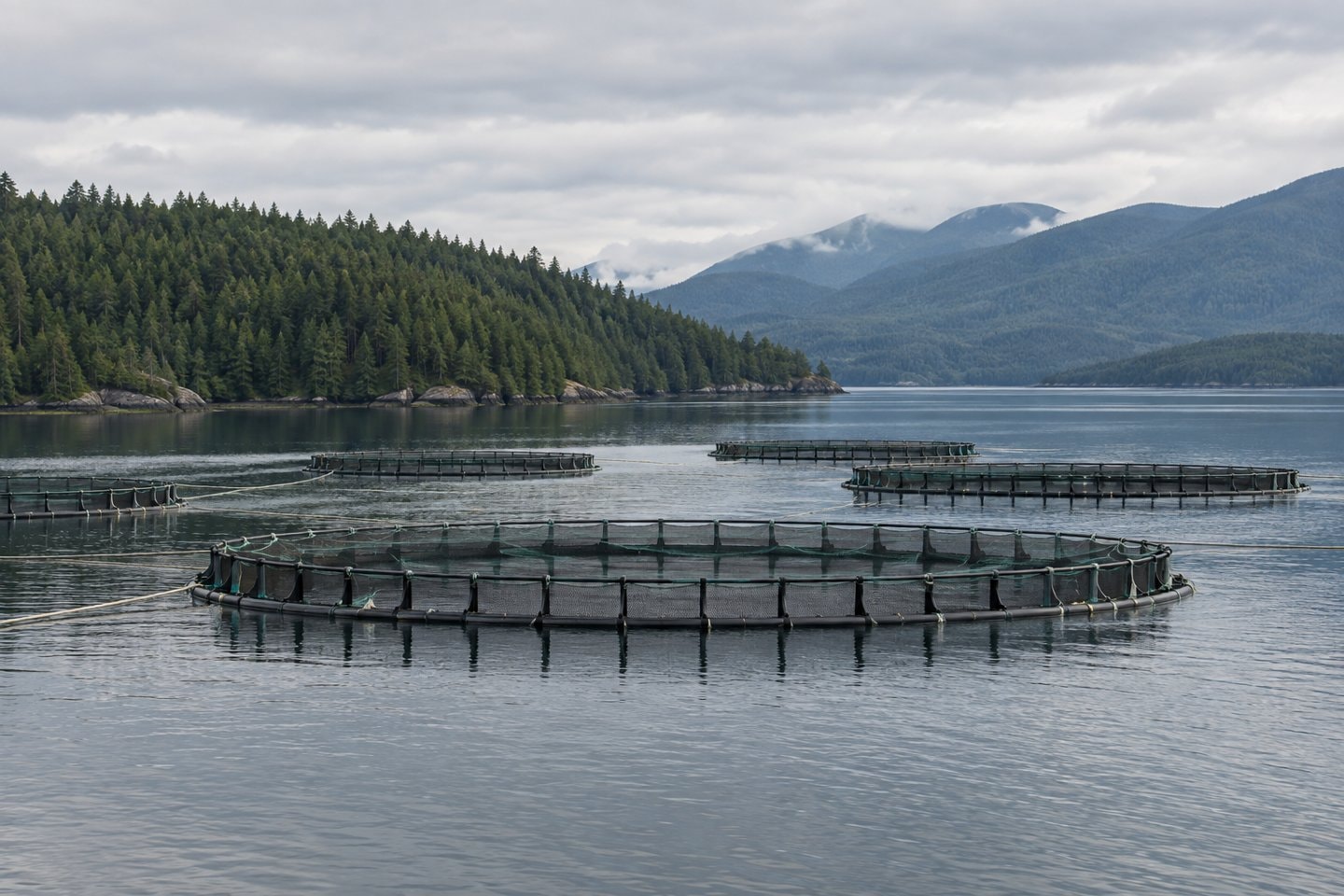 Floating fish pens on a calm bay.